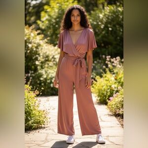 Express Coral Jumpsuit with Tie Waist